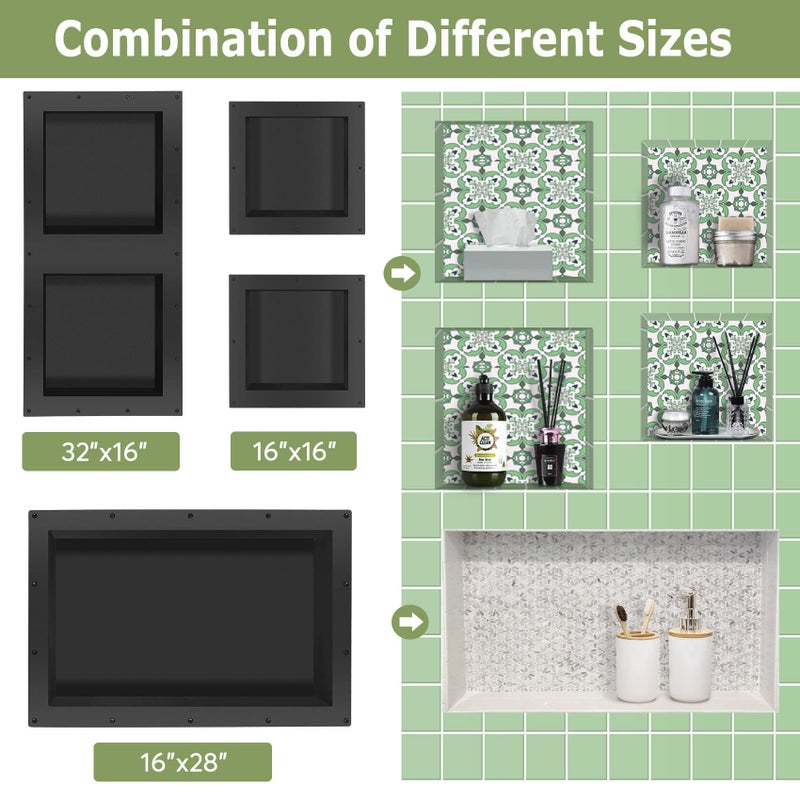 Suteck 32" x 16" Double Shelf Shower Niche Ready for Tile Waterproof Leak-Proof Bathroom Indoor Recessed Niche Storage Washing Toiletries Bottles - Image 4
